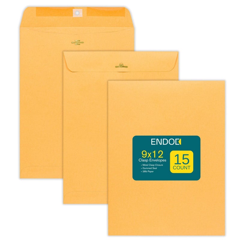 EnDoc Clasp Envelopes 9x12-15 Pack Brown Kraft Catalog Envelopes with Clasp Closure & Gummed Seal â€“ 28lb Heavyweight Paper Envelopes for Home, Office, Business, Legal or School Pack- 9 x 12 Inch - Image 1